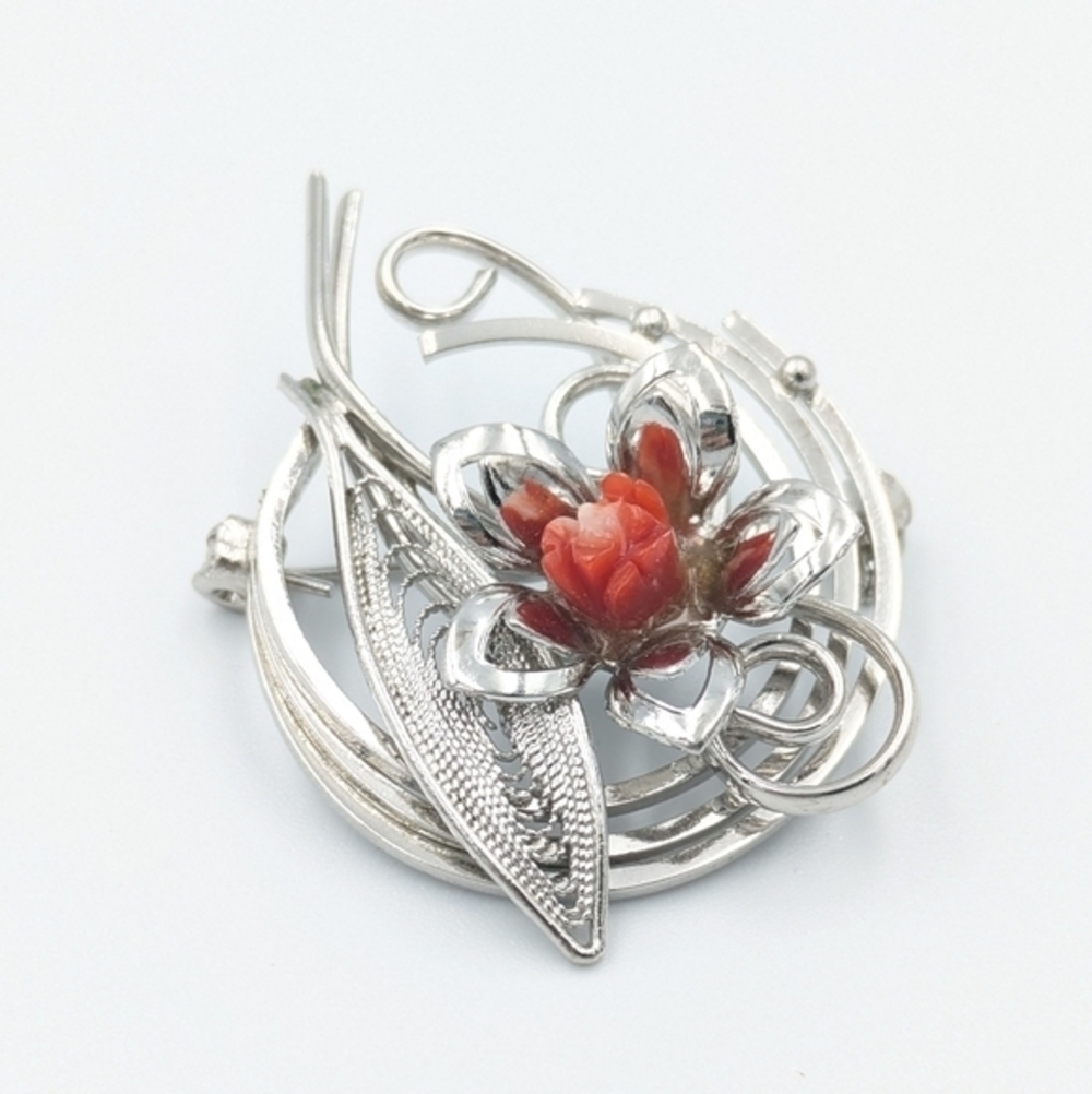 Vintage carved red coral and silver tone metal work brooch pin
